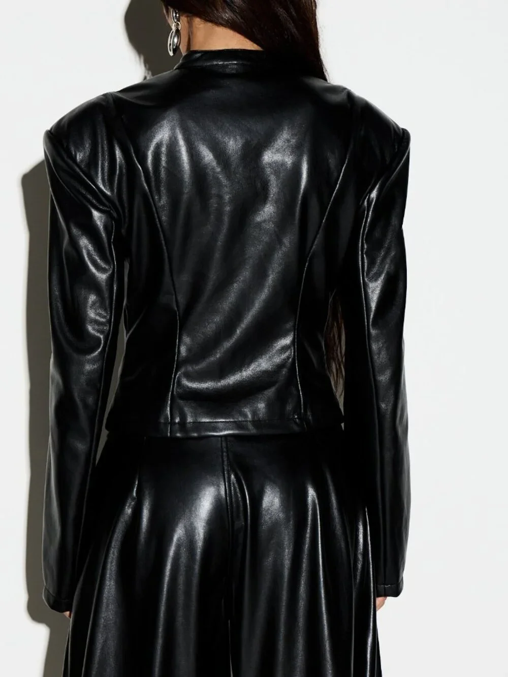 Black Party Women's Faux Leather Cropped Jacket With Stand Collar